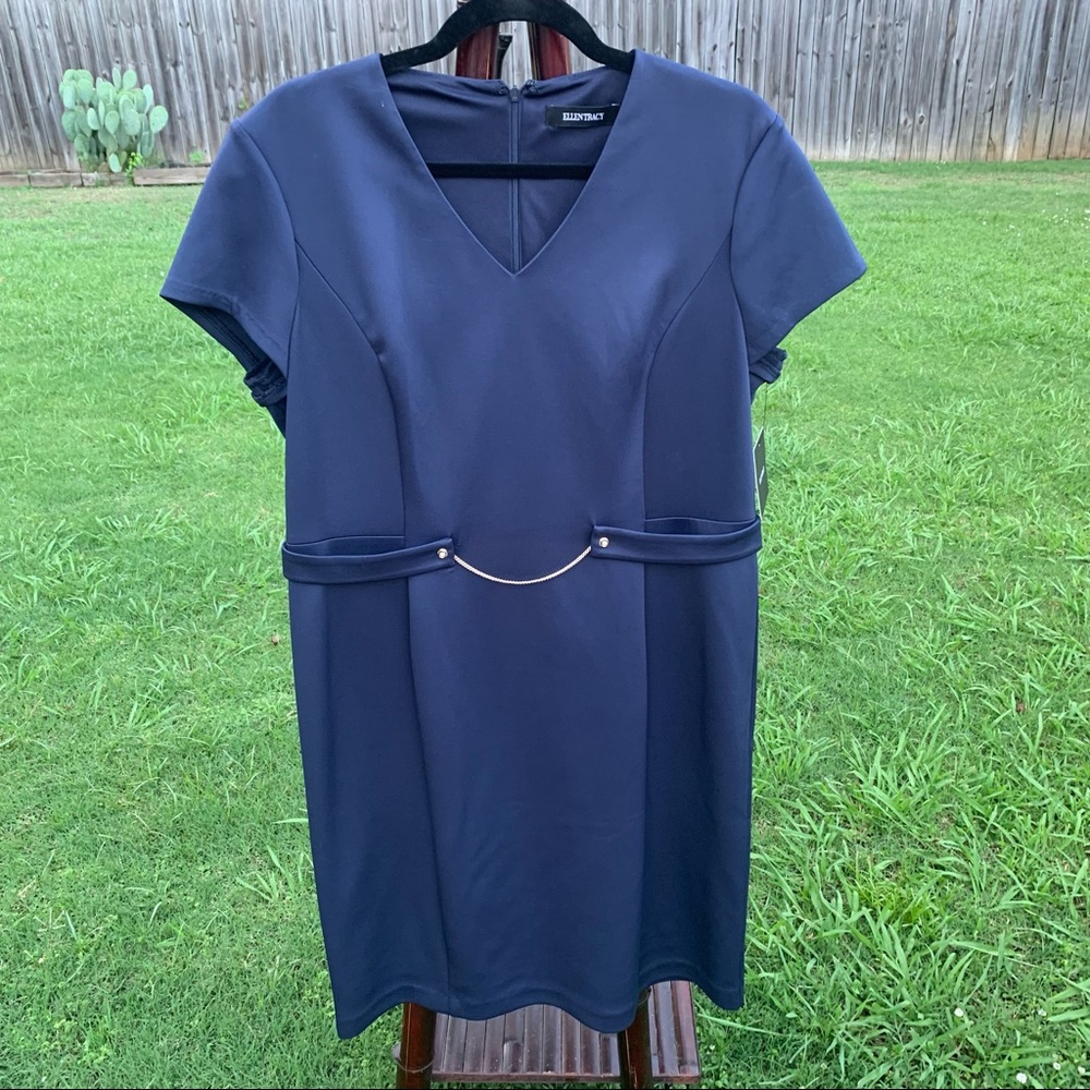 Ellen Tracy Chain-Detail Scuba Navy Blue Sheath Dress Sz 16